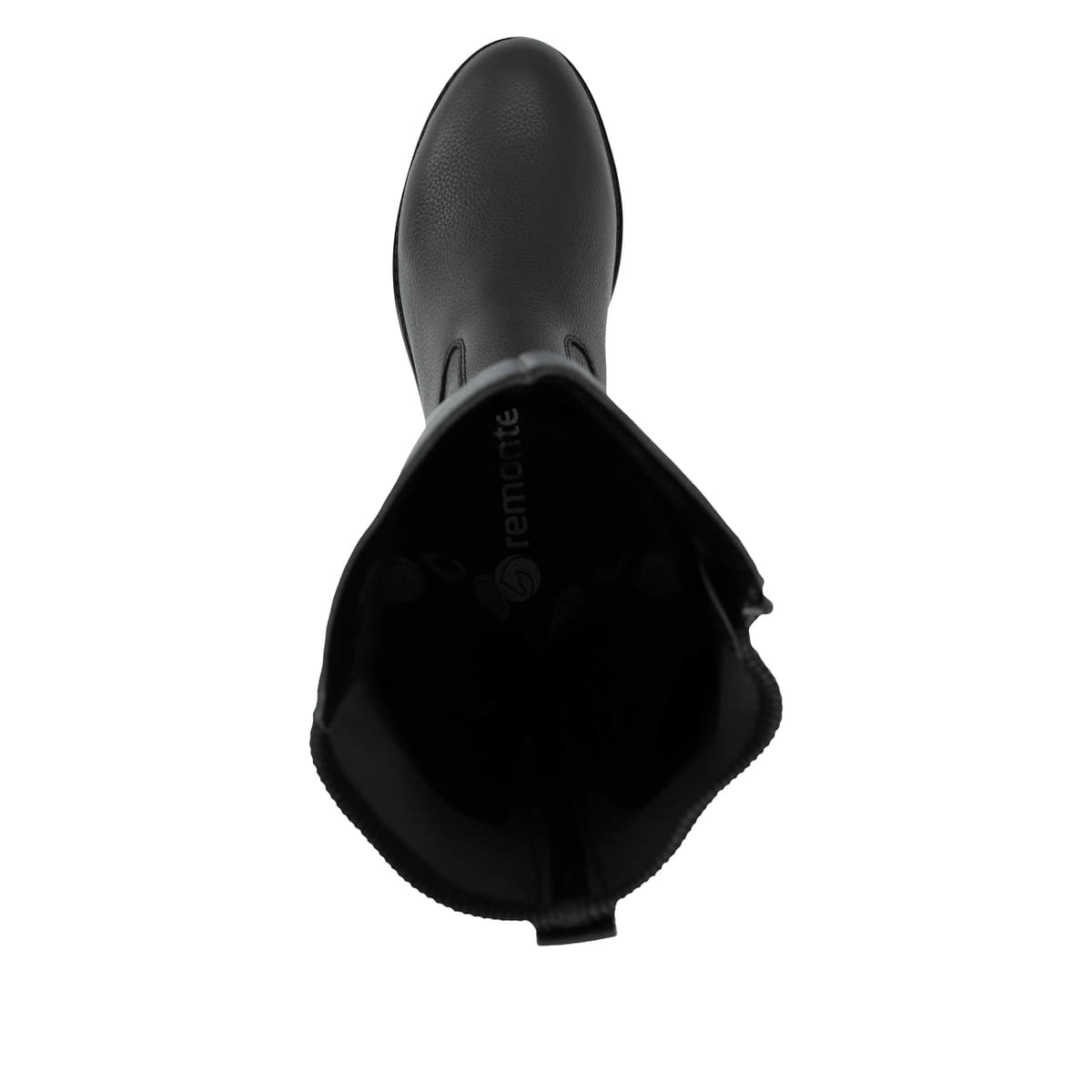 Schwarze remonte Hochschaftstiefel R6594-00 mit einem Reißverschluss. Schuh von oben.