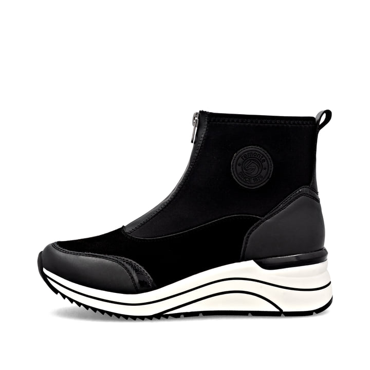 Vegane, schwarze remonte Damen Kurzstiefel D0T78-02 mit einem Reißverschluss. Schuh Außenseite.