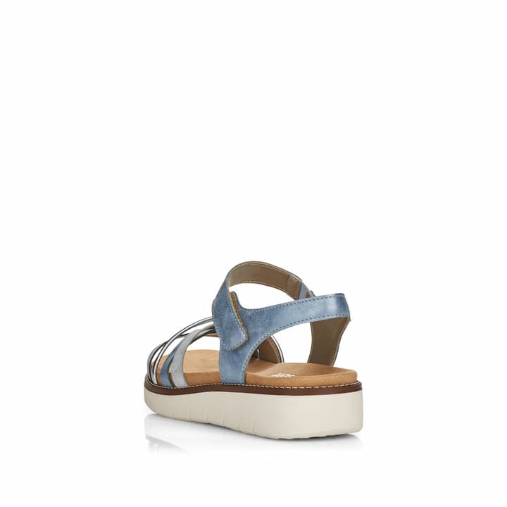 Blaue vegane remonte Riemchensandalen D2058-12 mit einem Klettverschluss. Schuh von hinten.