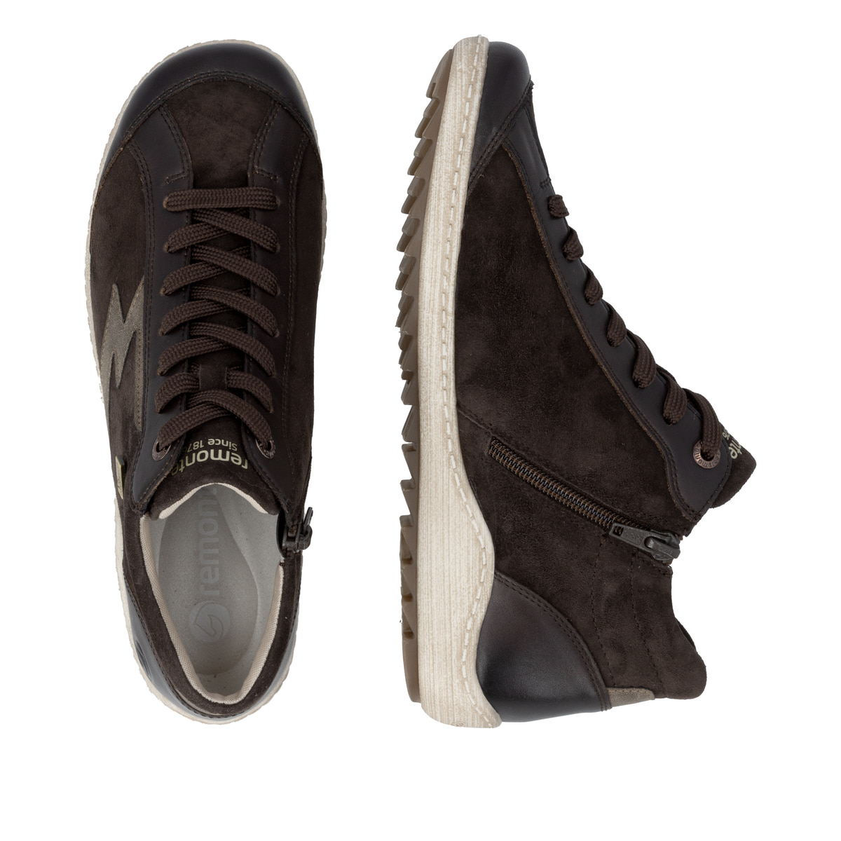 Dunkelbraun-bronzene remonte Damen Schnürstiefel R1454-25. Schuh von oben, liegend.