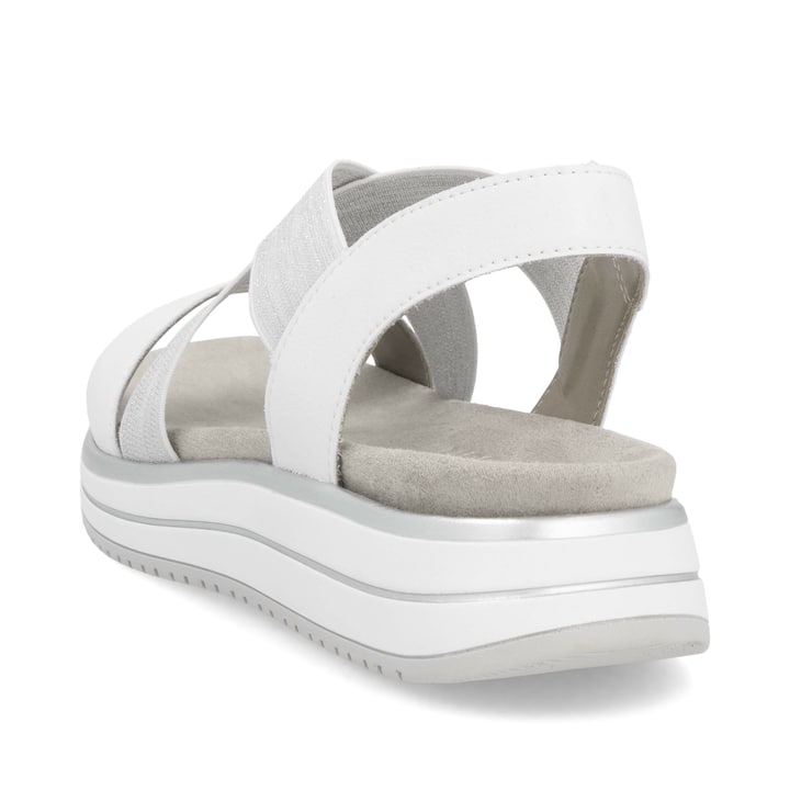 Weiße remonte Riemchensandalen D1J50-81 mit Gummizug sowie weicher Einlegesohle. Schuh von hinten.