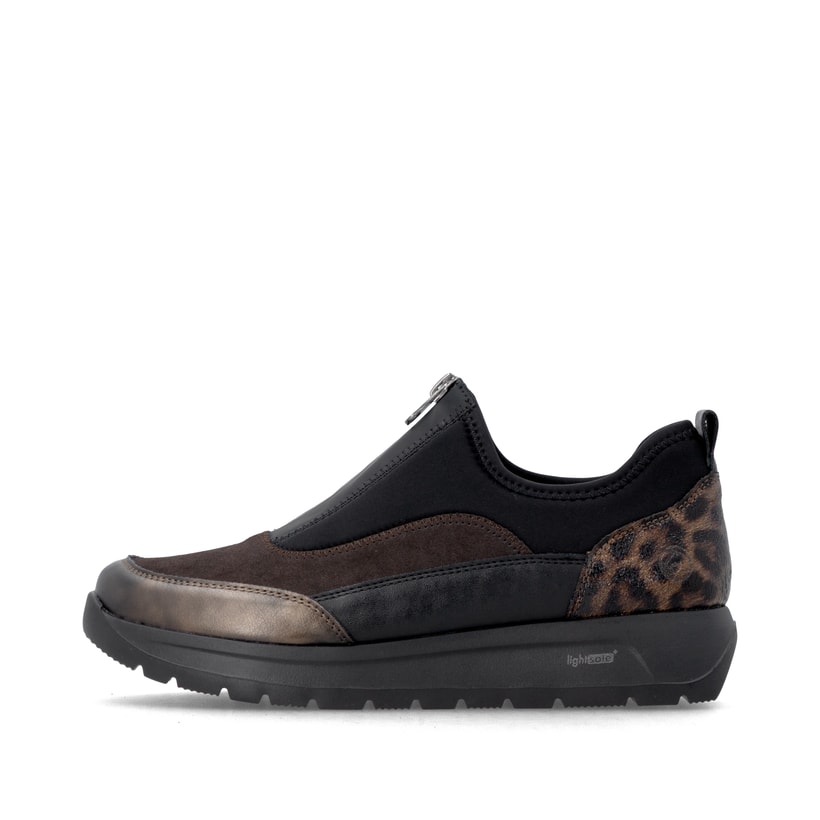 Vegane, schwarz-bronzene remonte Damen Slipper D2V01-05 mit der lightsole+. Schuh Außenseite.