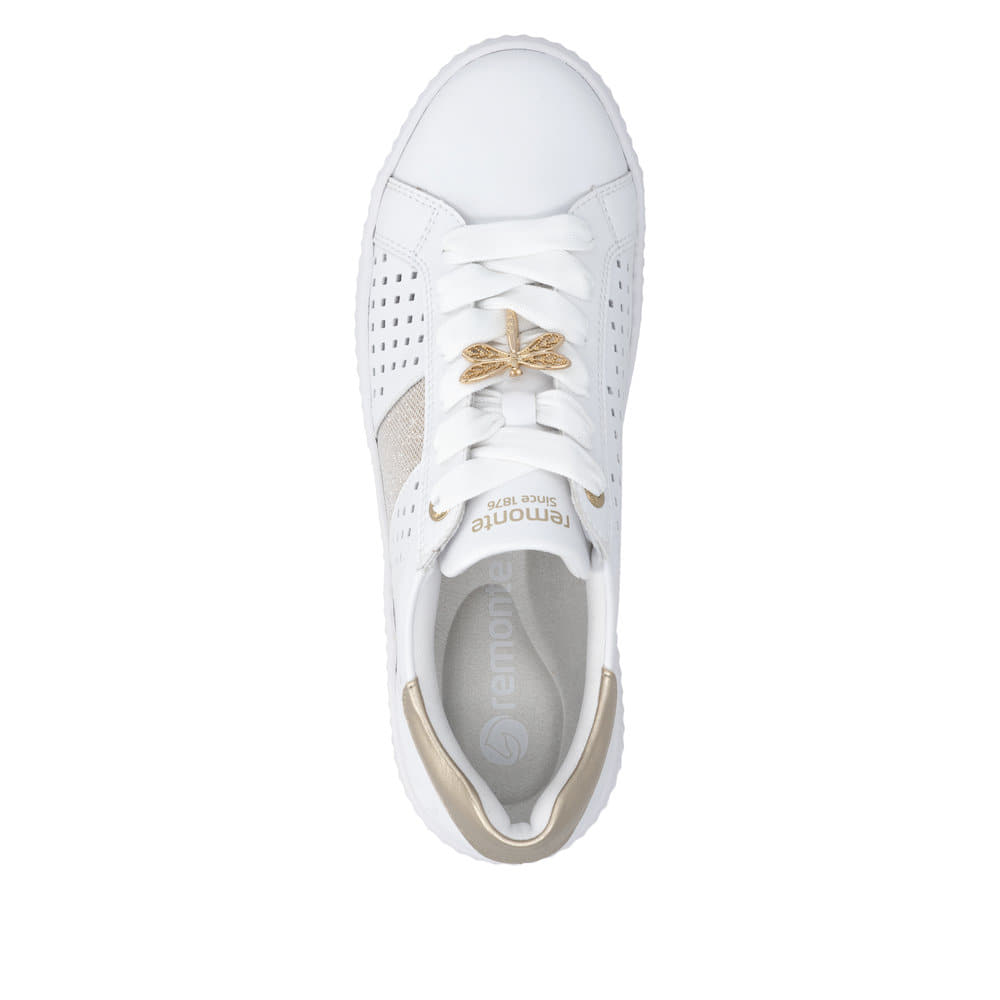 Weißbeige remonte Damen Schnürschuhe D3E04-80 mit dekorativem Schmuckdetail. Schuh von oben.