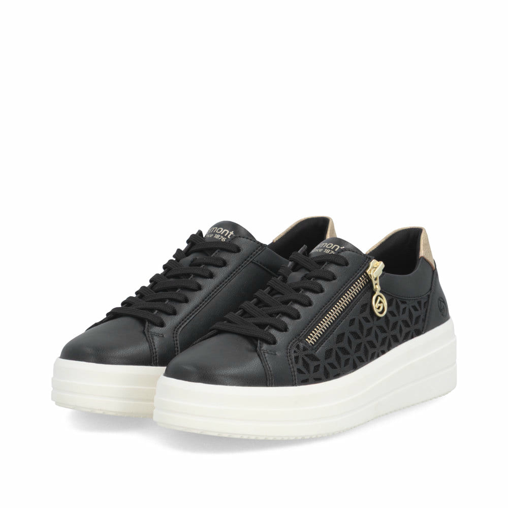 Baskets basses remonte noires pour femme D1C11-03 avec fermeture éclair. Chaussures inclinées sur le côté.