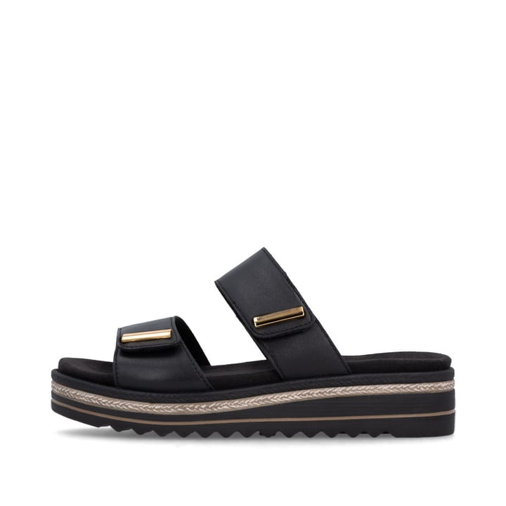 Mules remonte noires pour femme D0Q64-00 avec fermeture velcro. Côté extérieur de la chaussure.