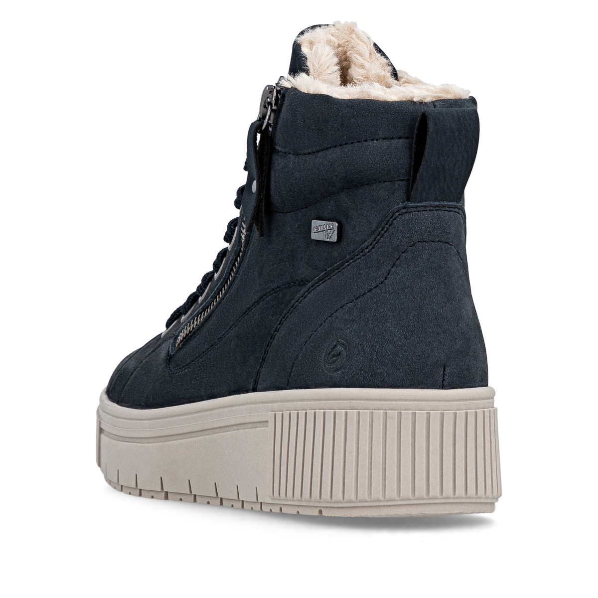 Blaubeige remonte Damen Kurzstiefel D3B71-14 mit einem Reißverschluss. Schuh von hinten.