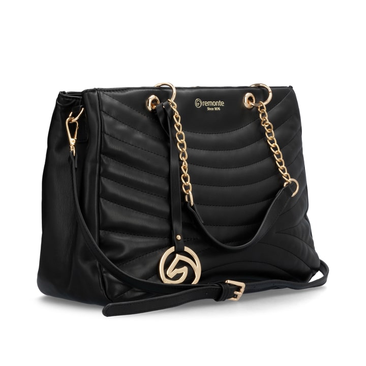 Shoppe jetzt die remonte Handtasche Q0711-00 in Schwarz mit Reißverschluss, Handyfach, Kettendetails und Logo-Anhänger in Gold. Linksseitig.