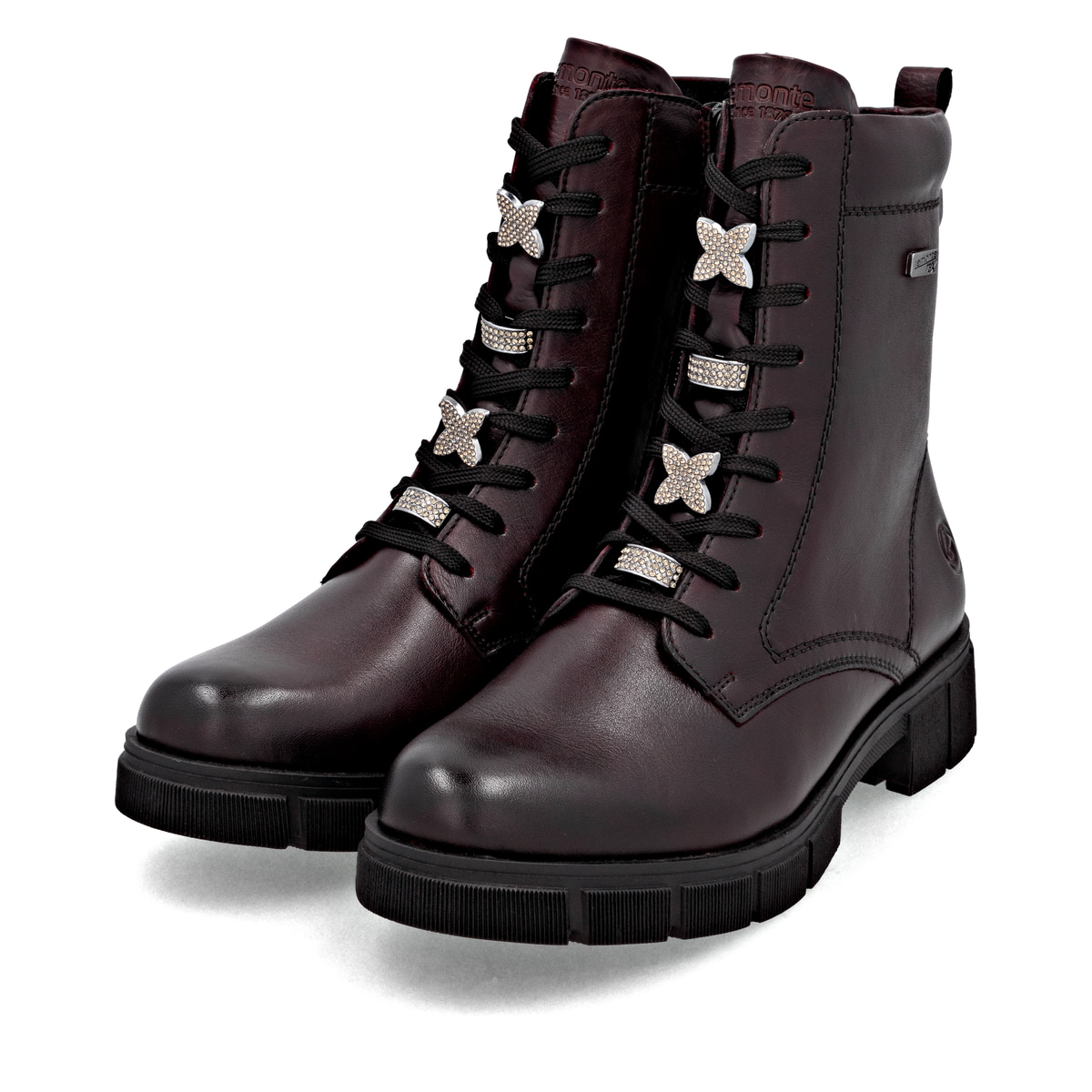 Rote remonte Damen Schnürstiefel D2S73-35 mit wasserabweisender TEX-Membran. Schuhpaar seitlich schräg.