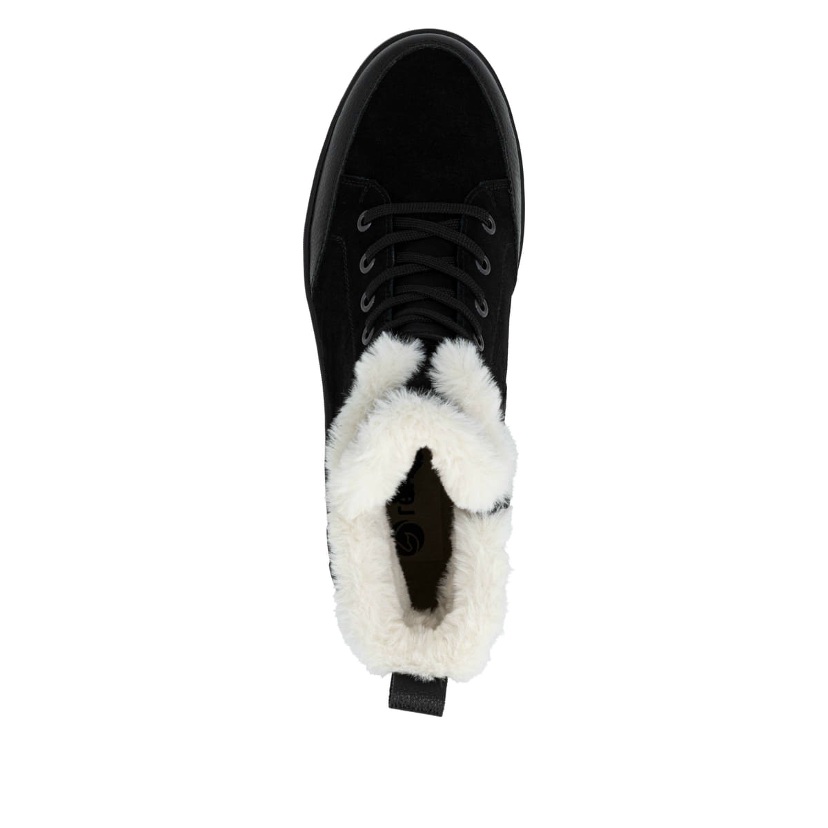 Schwarze remonte Damen Schnürstiefel D2B76-03 mit griffiger Glass-Fibre Sohle. Schuh von oben.