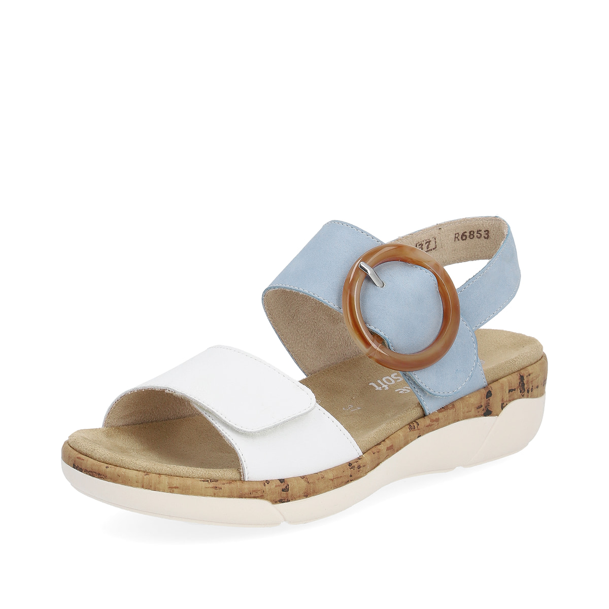 Blaue remonte Damen Riemchensandalen R6853-10 mit Klettverschluss. Schuh seitlich schräg.