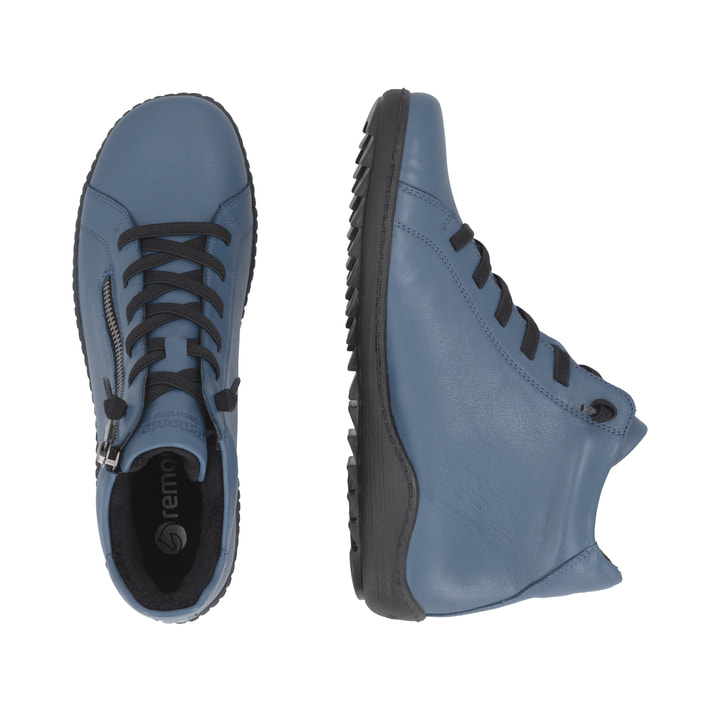 Blaue remonte Damen Kurzstiefel R1455-14 mit wasserabweisender TEX-Membran. Schuh von oben, liegend.