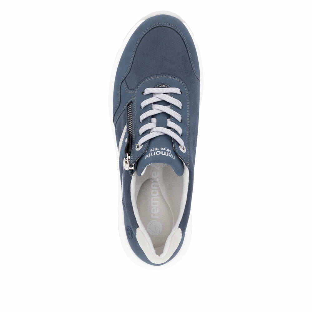 Blaue vegane remonte Damen Sneaker Low D1S04-14 mit einem Reißverschluss. Schuh von oben.