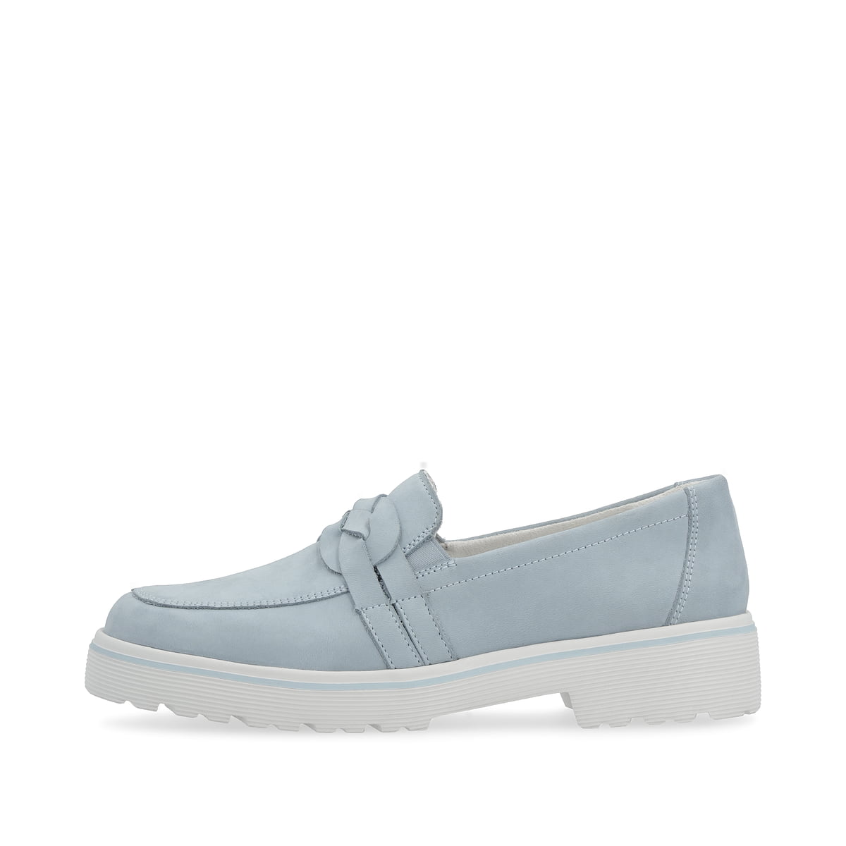 Blaue remonte Damen Loafer D1H01-12 mit Elastikeinsatz sowie geflochtenem Riemen. Schuh Außenseite.