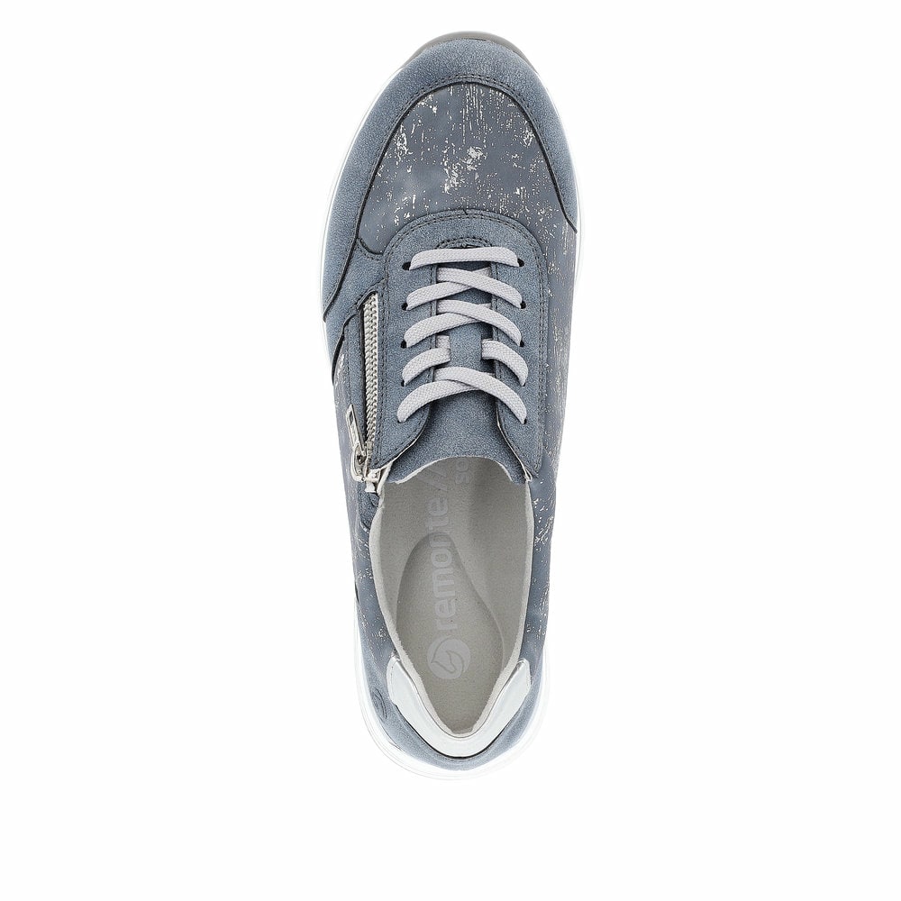 Blaue remonte Damen Sneaker Low R6700-13 mit Reißverschluss sowie Komfortweite G. Schuh von oben.