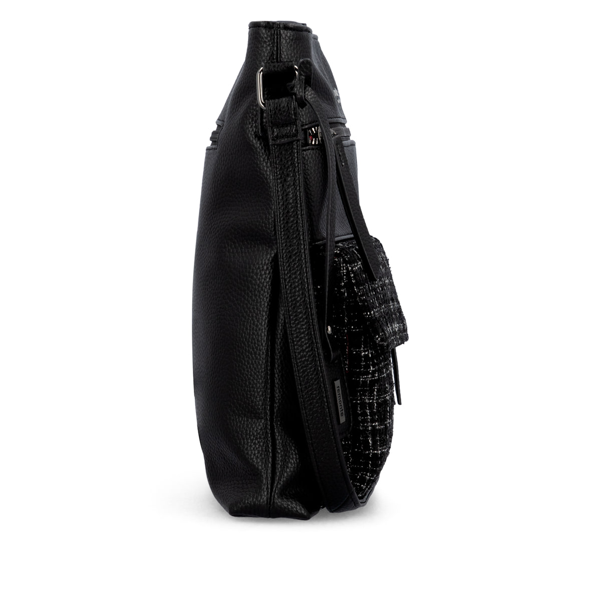 Sac bandoulière remonte Q0729-01 en noir avec des bretelles ajustables et deux poches extérieures. Côté droit.