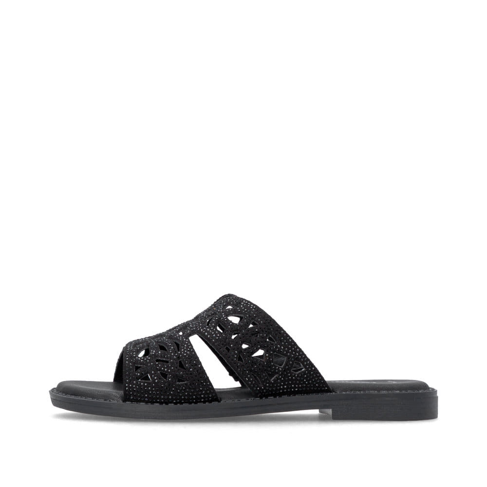 Mules remonte noires vegan pour femme D3647-00 avec bande élastique. Côté extérieur de la chaussure.