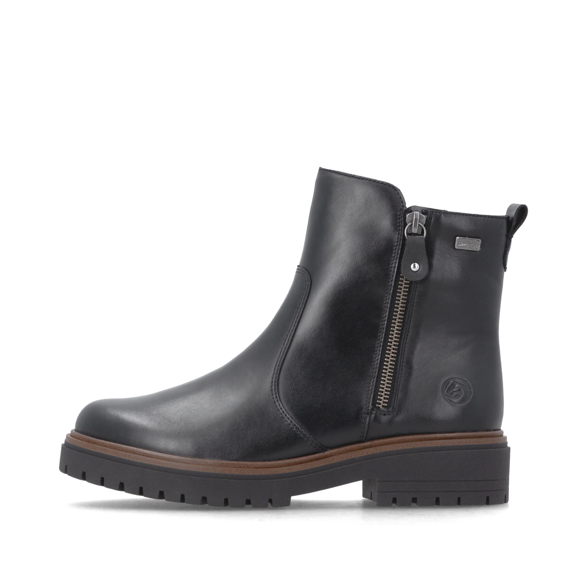 Schwarze remonte Damen Kurzstiefel D4B72-00 mit wasserabweisender TEX-Membran. Schuh Außenseite.