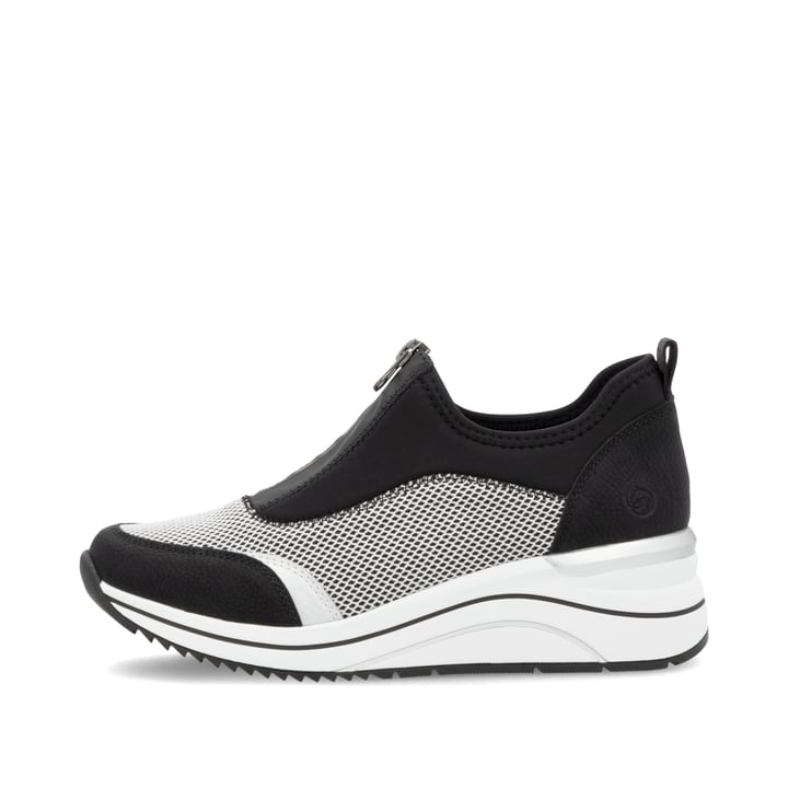 Schwarze vegane remonte Damen Slipper D0T08-03 mit einem Reißverschluss. Schuh Außenseite.
