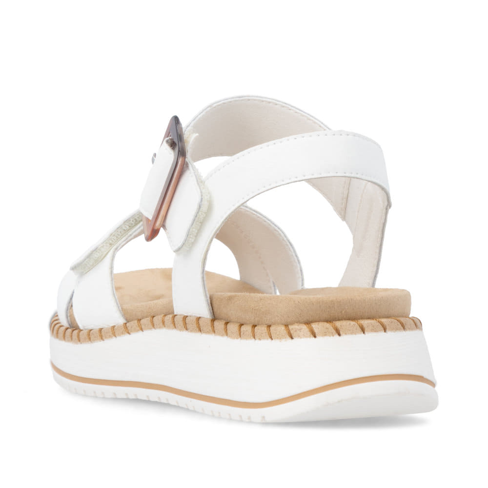 Weiße remonte Riemchensandalen D3J52-80 mit trendiger Schnalle. Schuh von hinten.