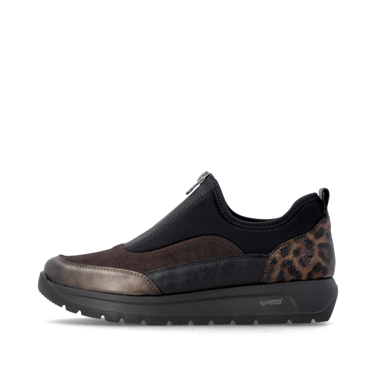 Vegane, schwarz-bronzene remonte Damen Slipper D2V01-05 mit der lightsole+. Schuh Außenseite.