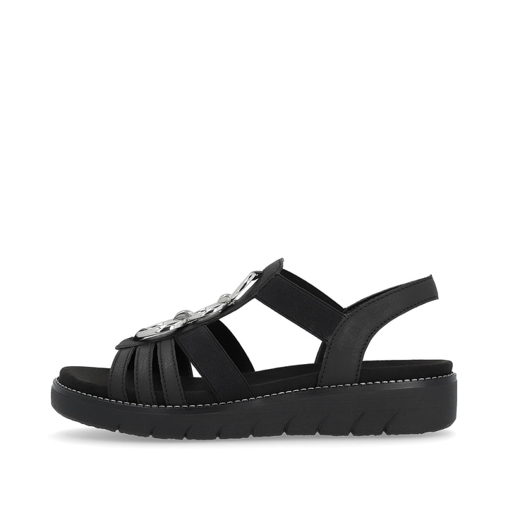 Schwarze vegane remonte Riemchensandalen D2073-02 mit einem Gummizug. Schuh Außenseite.