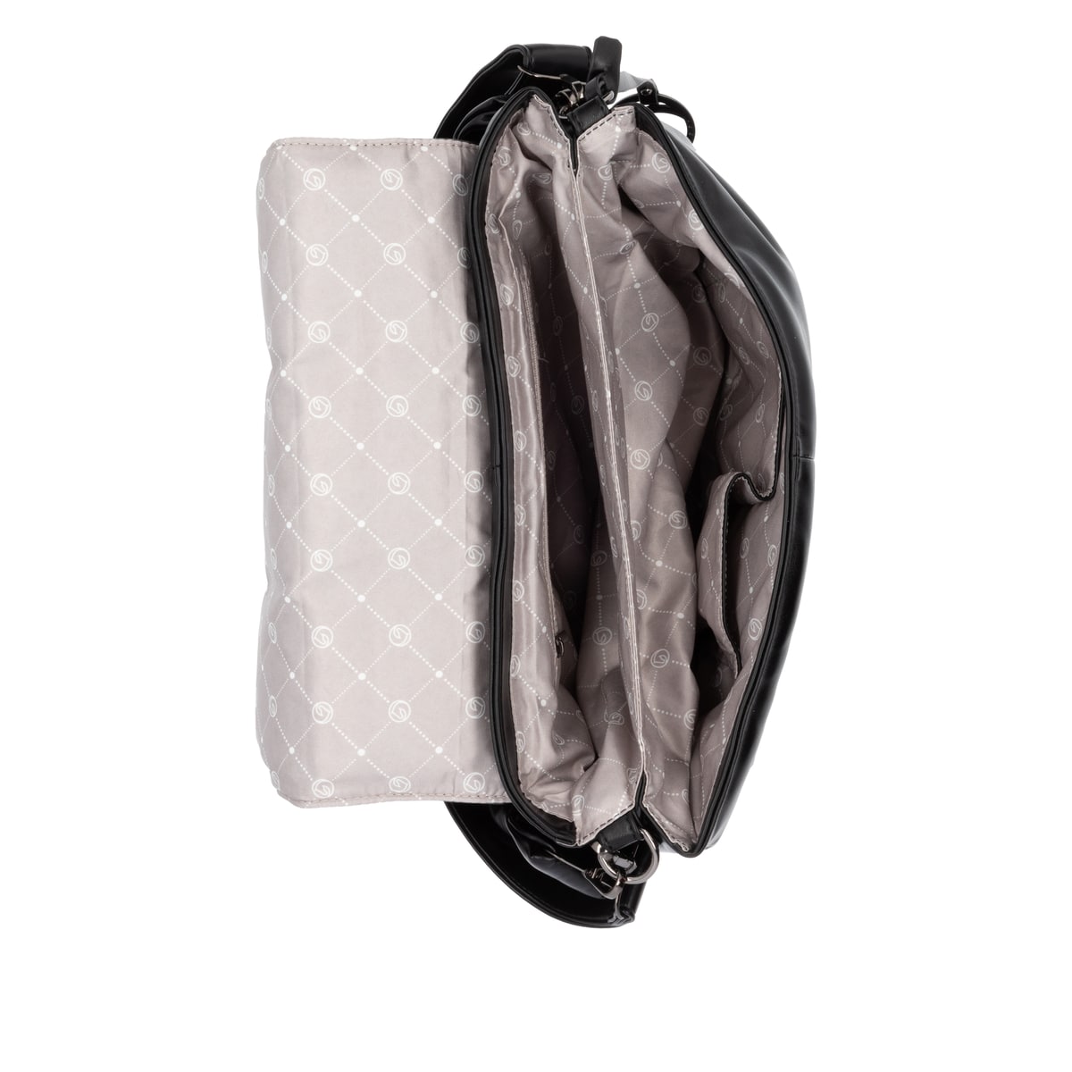 Sac à main remonte Q0716-00 en noir avec fermeture éclair et des bretelles ajustables. Ouvert.