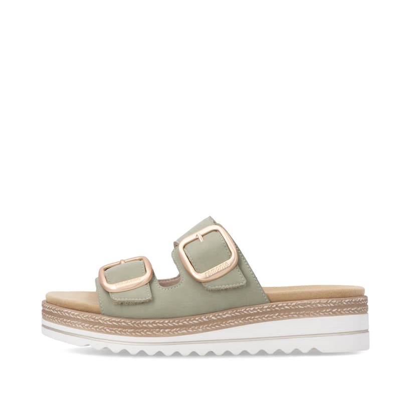 Mules remonte vertes pour femme D0Q66-52 avec boucle tendance. Côté extérieur de la chaussure.