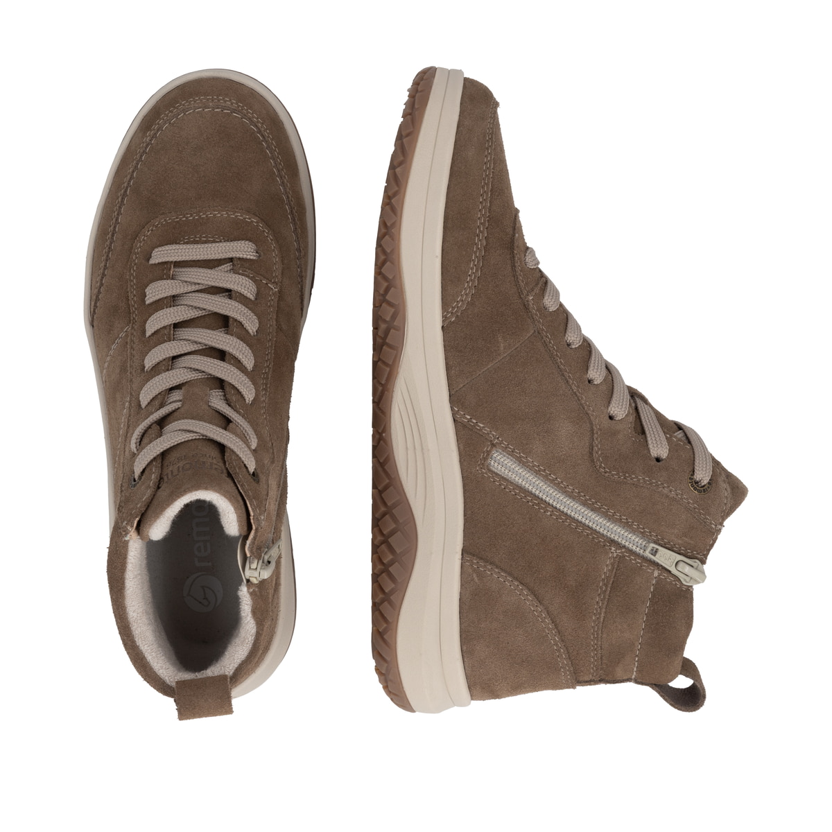Braune remonte Damen Schnürstiefel D3Q70-26 mit wasserabweisender TEX-Membran. Schuh von oben, liegend.