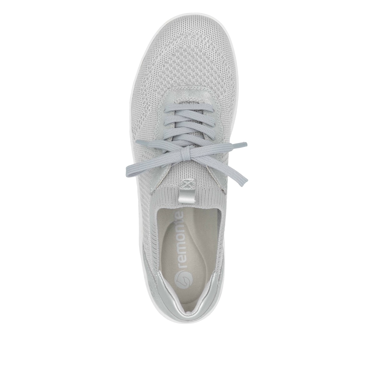 Graue remonte Damen Slipper D1E05-40 mit einem Gummizug sowie der Komfortweite G. Schuh von oben.