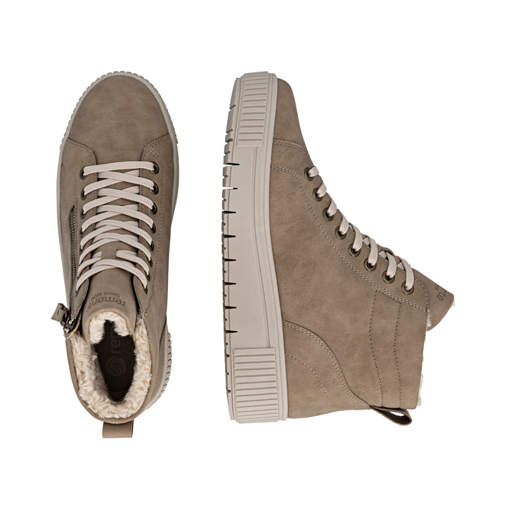 Braune remonte Damen Kurzstiefel D3B71-20 mit wasserabweisender TEX-Membran. Schuh von oben, liegend.