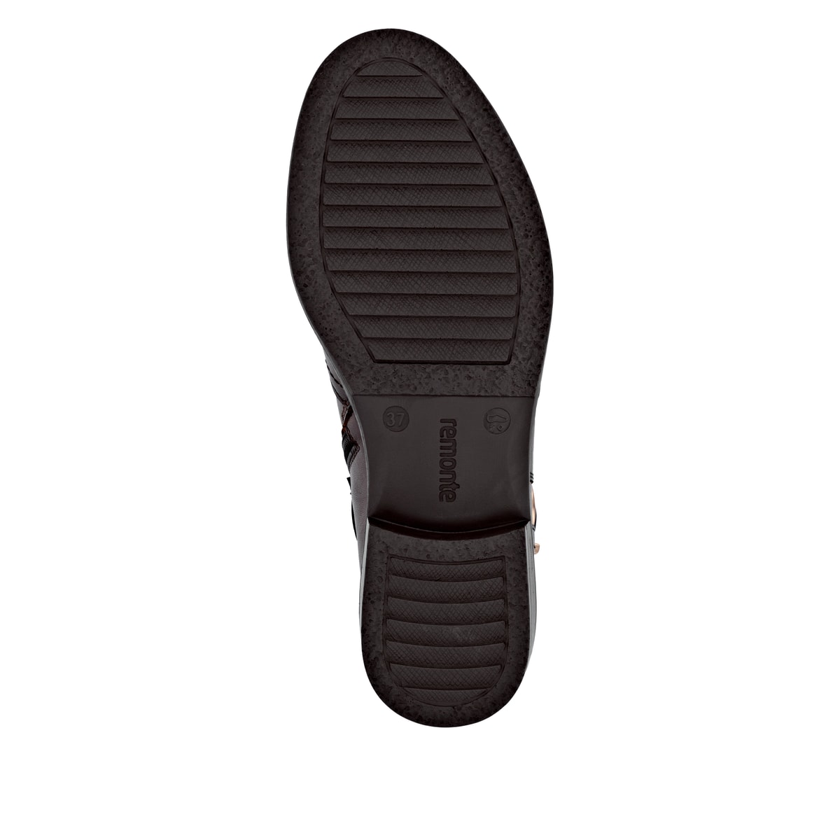 Dunkelbraune remonte Damen Stiefeletten D0F81-25 mit runder Zierschnalle. Schuh Laufsohle.