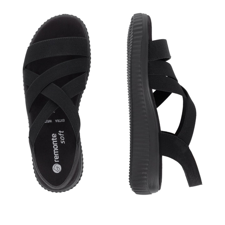Schwarze remonte Riemchensandalen D3L52-00 mit einem Gummizug sowie Extraweite H. Schuh von oben, liegend.