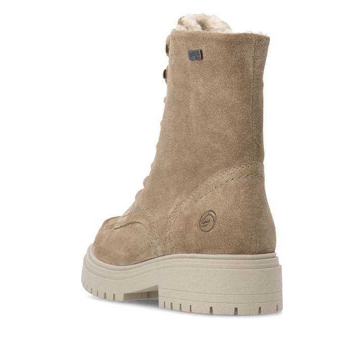 Camelfarbene remonte Damen Schnürstiefel D4B70-20. Schuh von hinten.