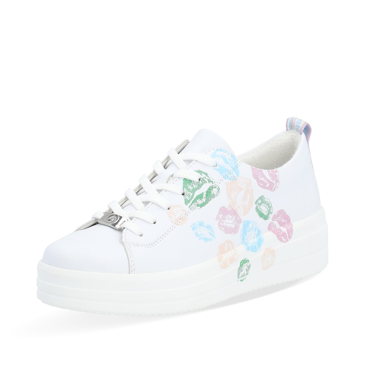 Frostweiße vegane remonte Damen Sneaker D1C03-80 mit einer Schnürung. Schuh seitlich schräg.