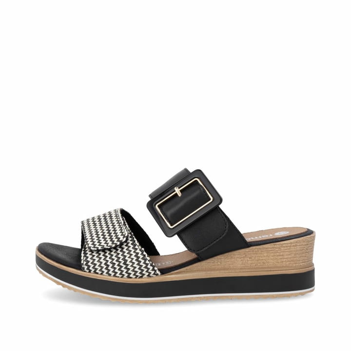 Schwarze remonte Damen Pantoletten D6463-03 mit einem Klettverschluss. Schuh Außenseite.