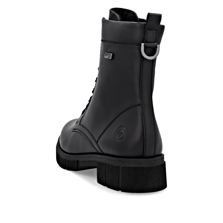 Schwarze remonte Damen Schnürstiefel D2S73-00 mit wasserabweisender TEX-Membran. Schuh von hinten.