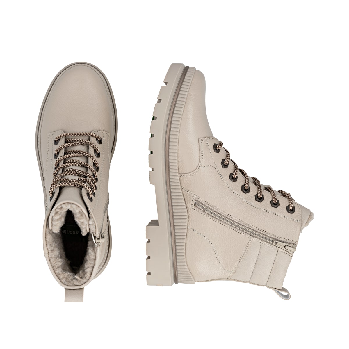 Beige remonte Damen Schnürstiefel D0C82-60 mit griffiger Glass-Fibre Sohle. Schuh von oben, liegend.