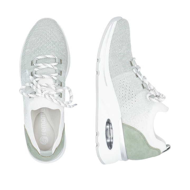 Grüne remonte Damen Slipper D2H04-52 mit einem Gummizug sowie der Extraweite H. Schuh von oben, liegend.