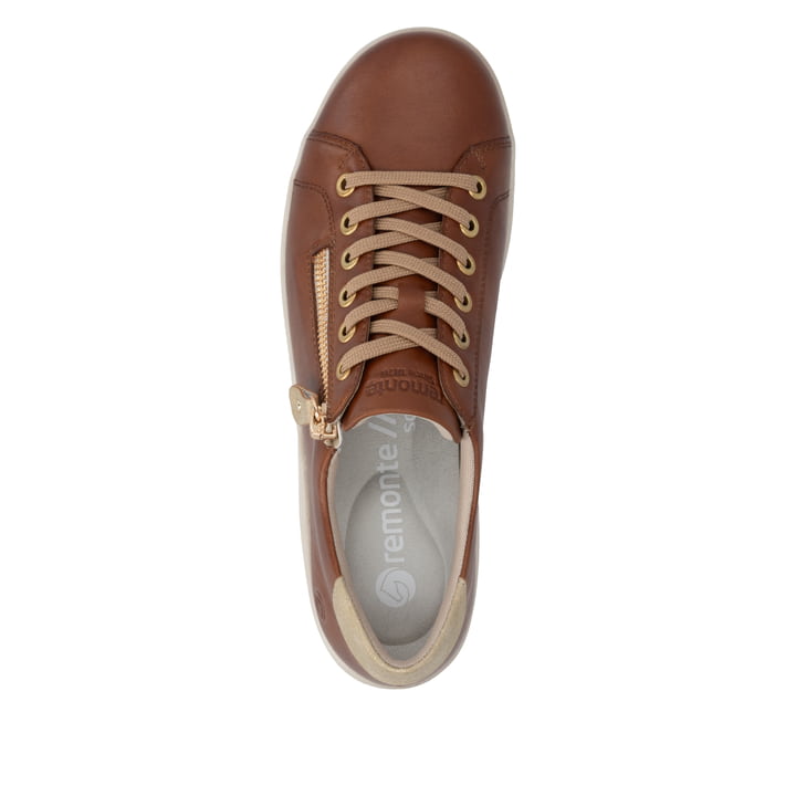 Braun-goldene remonte Damen Schnürschuhe D1E03-24 mit einem Reißverschluss. Schuh von oben.