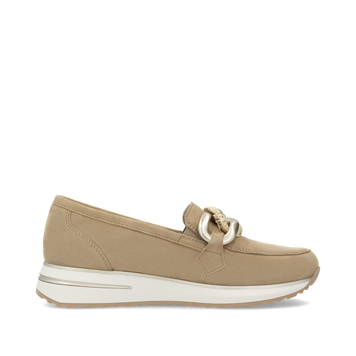 Beige remonte Damen Loafer D1G11-62 mit Gummizug sowie gepolsterter Einlegesohle. Schuh Innenseite.
