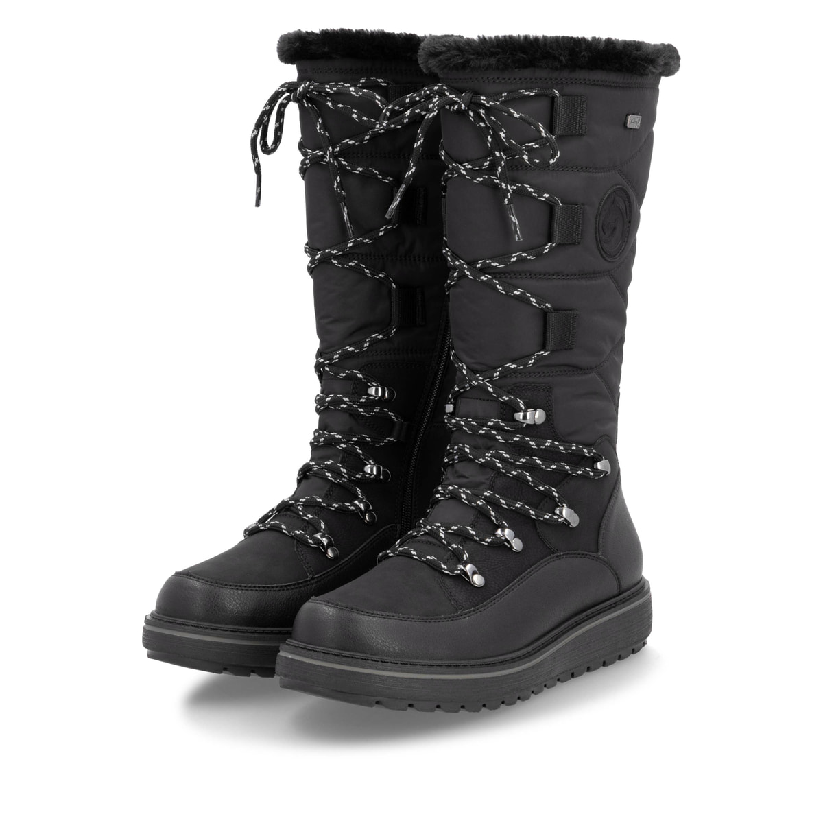 Nachtschwarze remonte Hochschaftstiefel D0U77-00 mit Flip-Grip Sohle. Schuhpaar seitlich schräg.