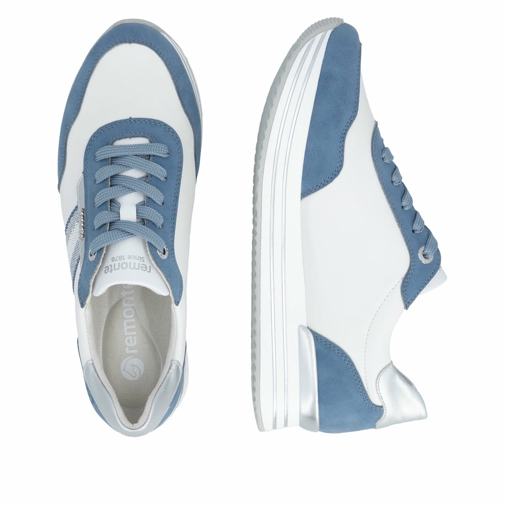 Weiße vegane remonte Damen Sneaker D1331-80 mit Schnürung sowie Komfortweite G. Schuh von oben, liegend.