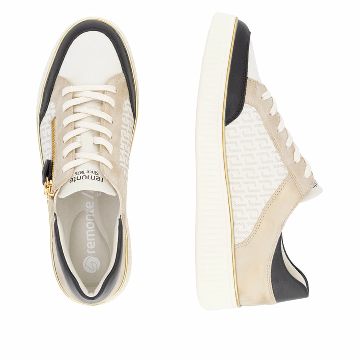 Weiße remonte Damen Sneaker D2E04-80 mit Reißverschluss sowie der Komfortweite G. Schuh von oben, liegend.
