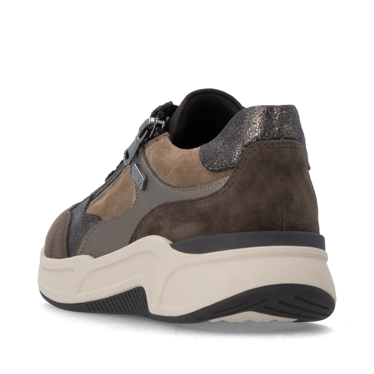 Braun-bronzene remonte Damen Sneaker D3V00-25 mit wasserabweisender TEX-Membran. Schuh von hinten.