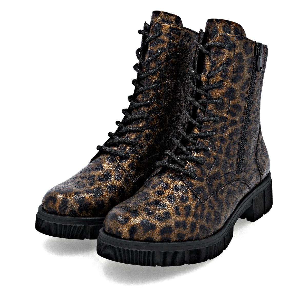 Braunschwarze remonte Damen Schnürstiefel D2S72-90 mit Leo-Print. Schuhpaar seitlich schräg.