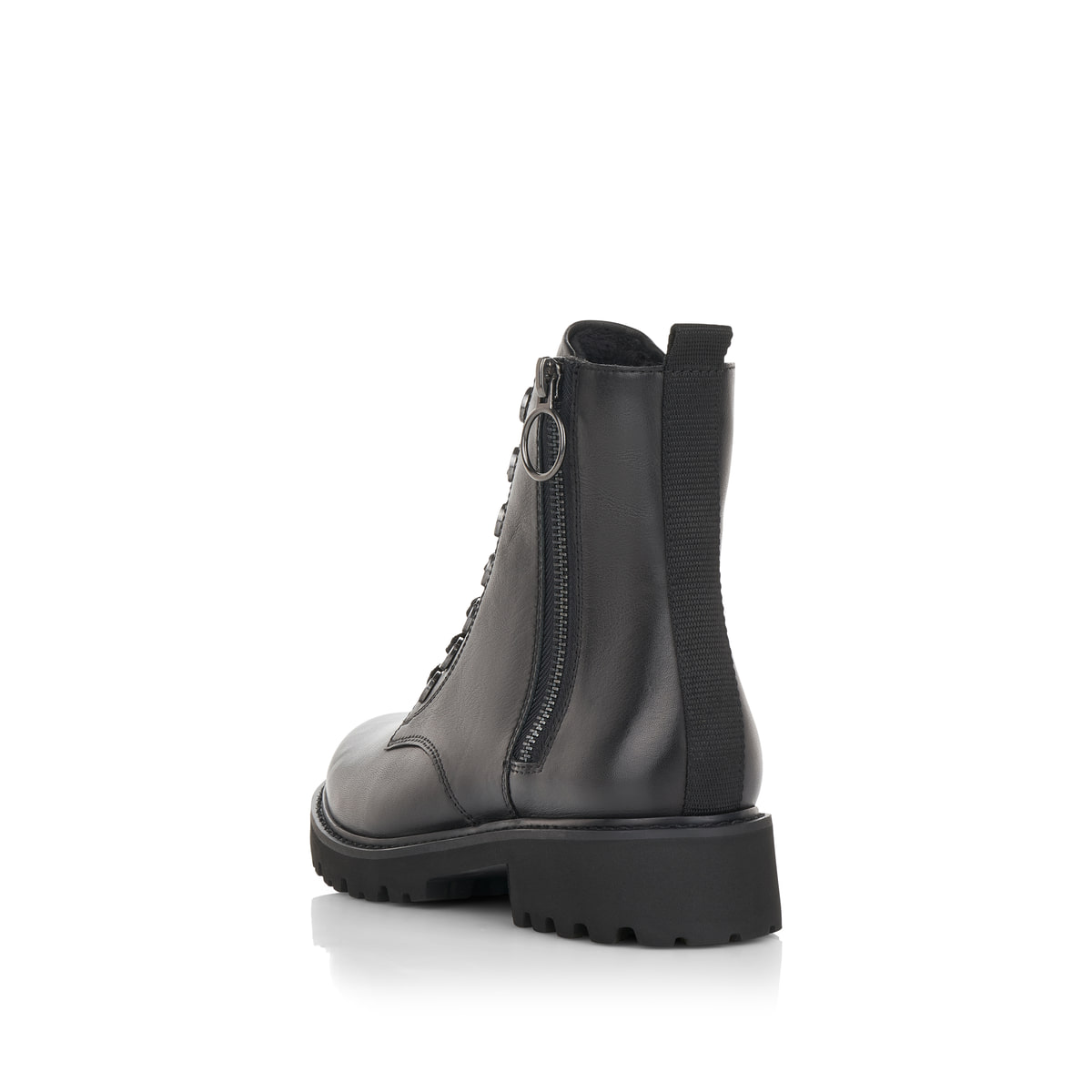 Schwarze remonte Damen Schnürstiefel D8671-01 mit einem Reißverschluss. Schuh von hinten.