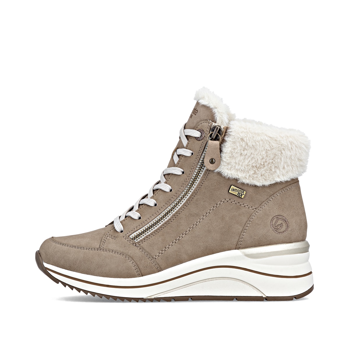 Braune remonte Damen Schnürstiefel D0T77-20 mit wasserabweisender TEX-Membran. Schuh Außenseite.