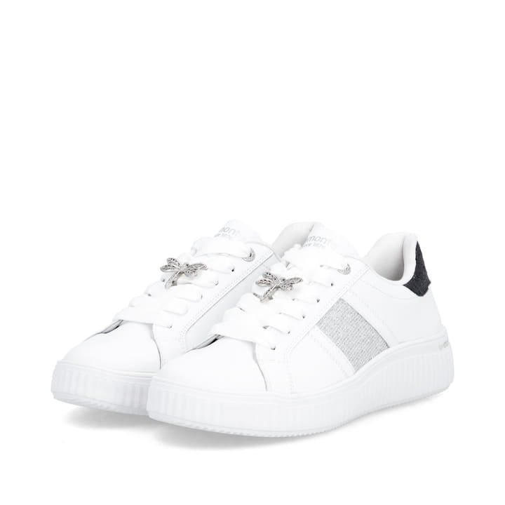 Weiße remonte Damen Schnürschuhe D3E02-80 mit dekorativem Schmuckdetail. Schuhpaar seitlich schräg.