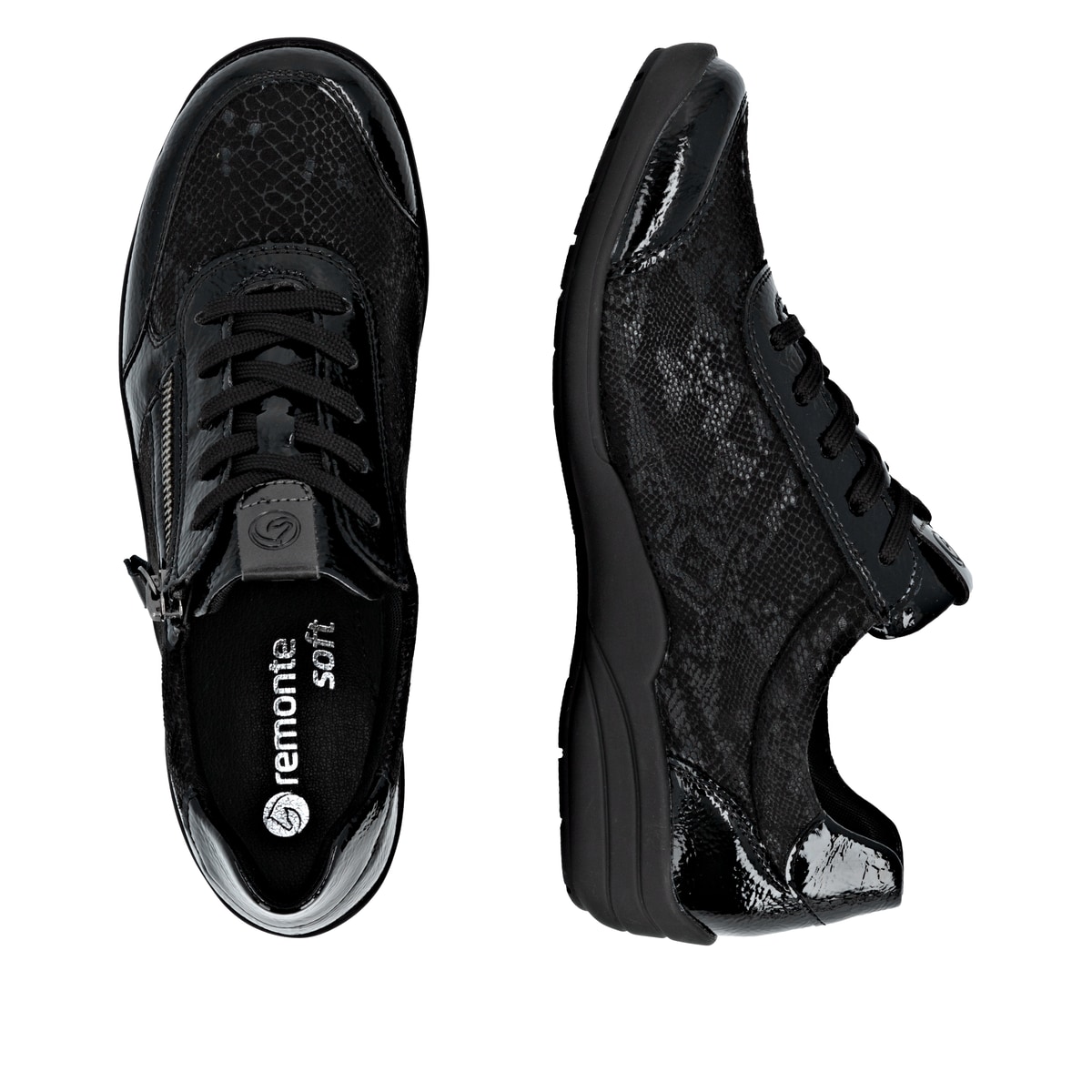 Schwarze remonte Damen Sneaker R7637-04 mit Reißverschluss sowie Extraweite H. Schuh von oben, liegend.