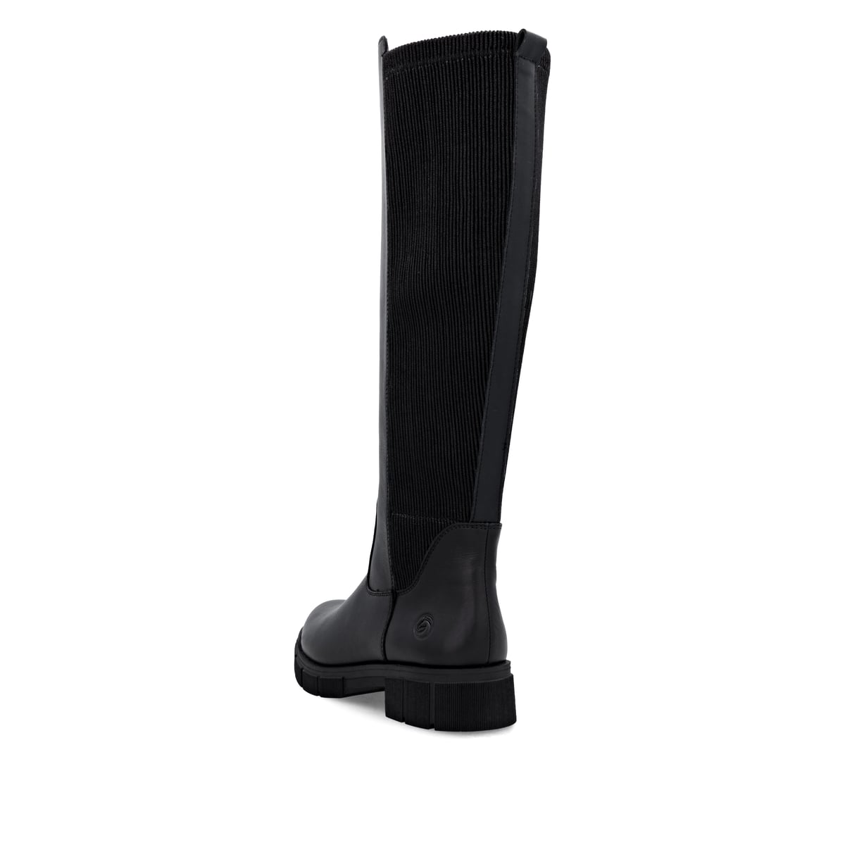 Schwarze remonte Hochschaftstiefel D2S74-00 mit einem Reißverschluss. Schuh von hinten.